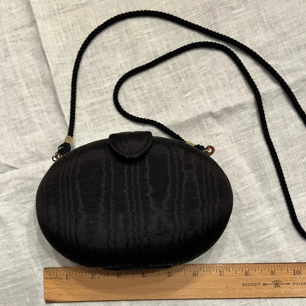 Vintage 90s Whiting and Davis Black Satin Clamshell Evening Bag